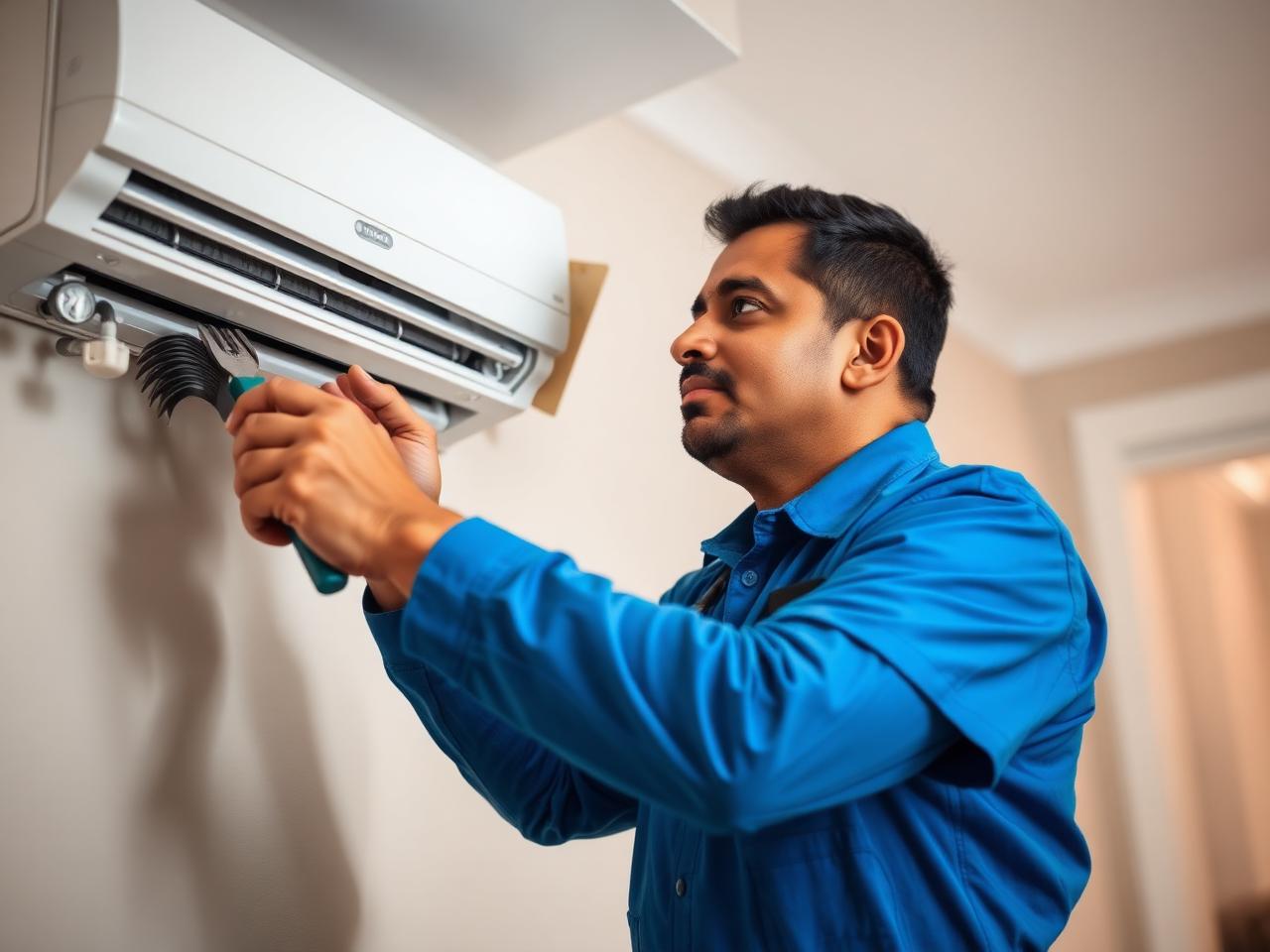 Certified A1 AC technician servicing an indoor split unit